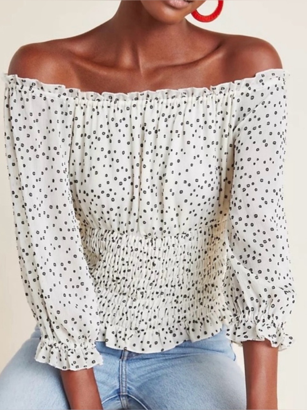 Anthropologie Lucia Off-The-Shoulder Blouse ivory black polka dot Size Medium